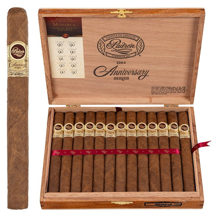 Padron 1964 Anniversary Series Monarca Natural cigar, 6.5 × 46, with Nicaraguan natural wrapper, beside its open box of 25