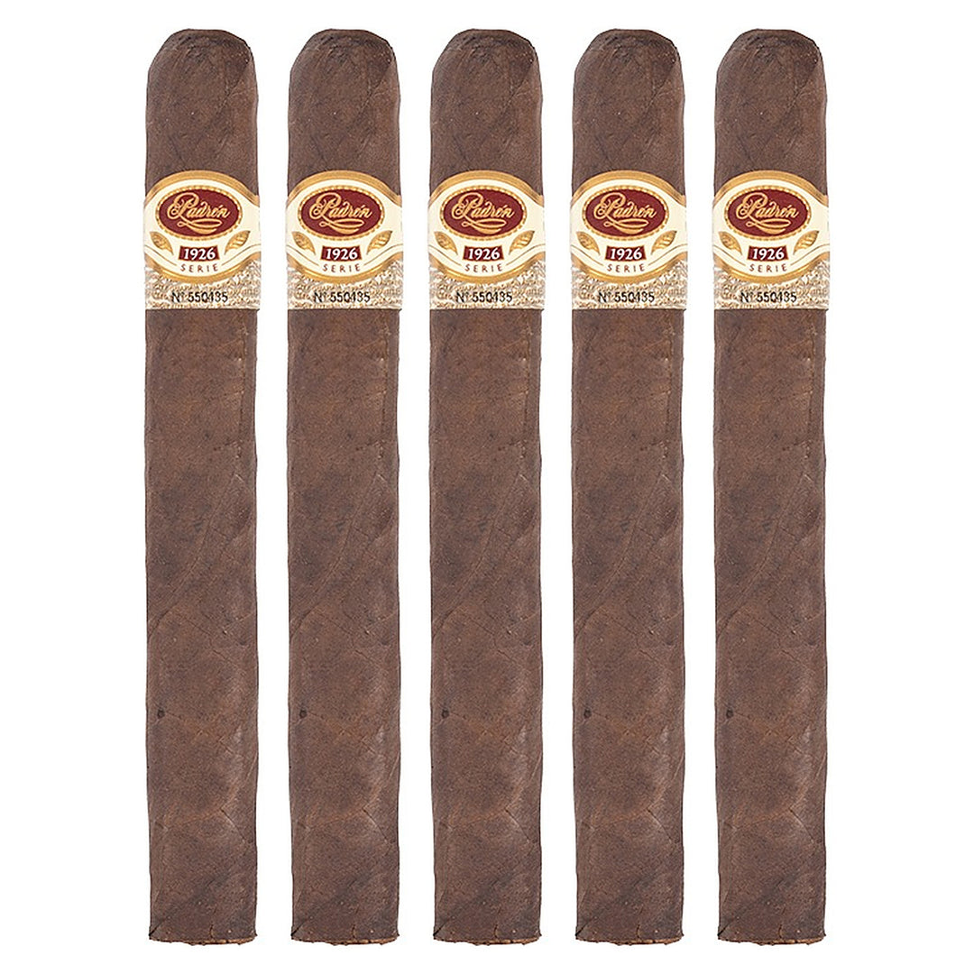 Five Padron 1926 Series No. 1 Maduro cigars, 6.75 × 54, lined up side by side
