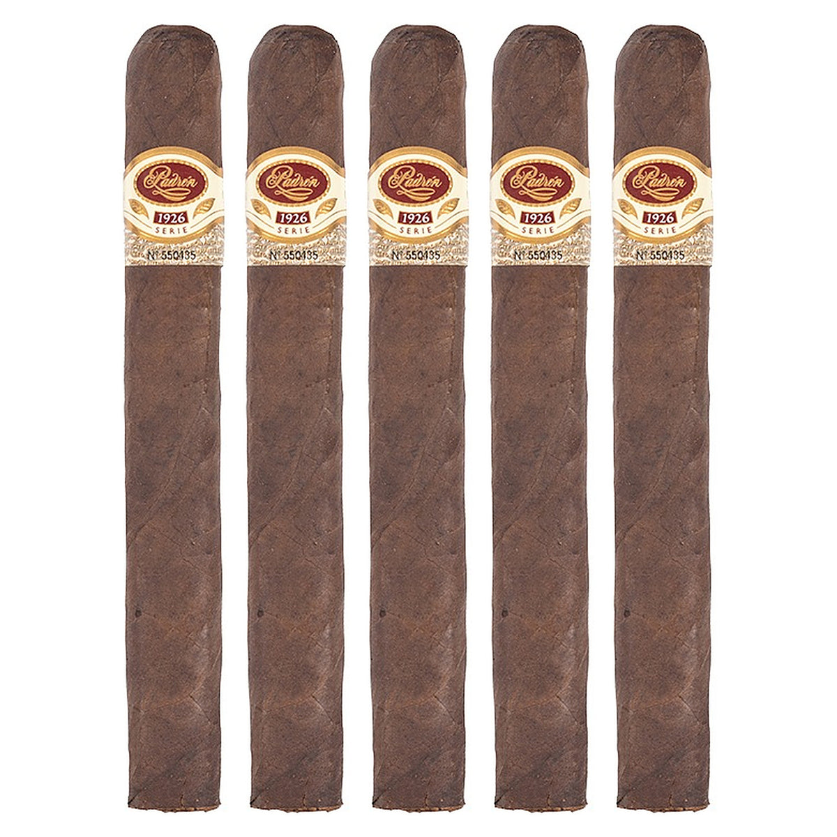 Five Padron 1926 Series No. 1 Maduro cigars, 6.75 × 54, lined up side by side