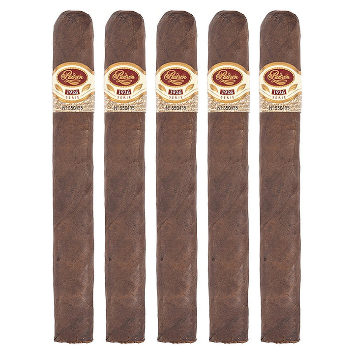 Five Padron 1926 Series No. 1 Maduro cigars, 6.75 × 54, lined up side by side
