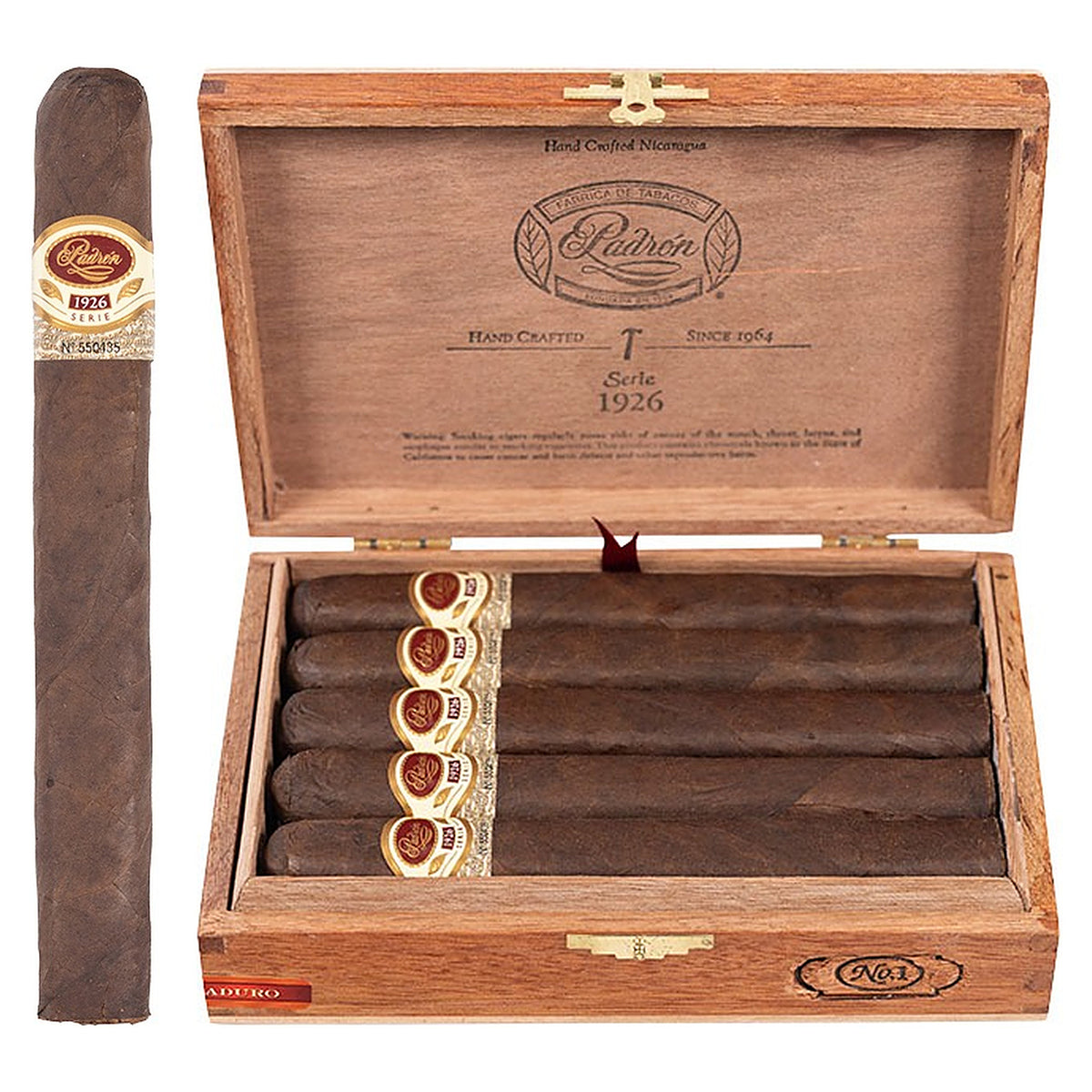 Padron 1926 Series No. 1 Maduro cigar, 6.75 × 54, with Nicaraguan maduro wrapper, beside its open box of 24