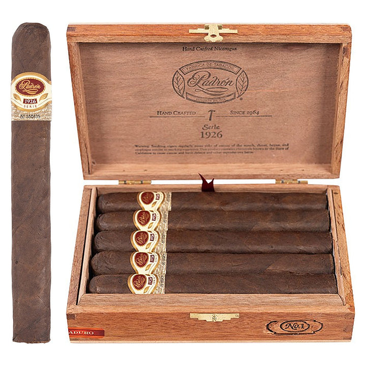 Padron 1926 Series No. 1 Maduro cigar, 6.75 × 54, with Nicaraguan maduro wrapper, beside its open box of 24