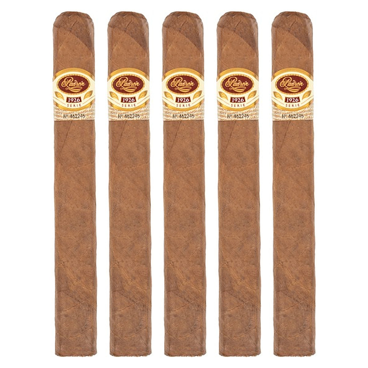 Five Padron 1926 Series No. 1 Natural cigars, 6.75 × 54, lined up side by side