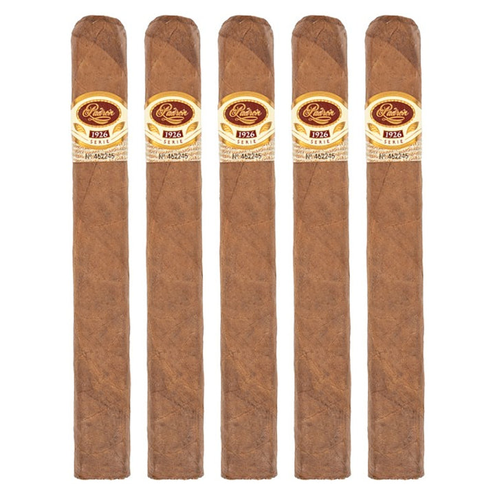 Five Padron 1926 Series No. 1 Natural cigars, 6.75 × 54, lined up side by side