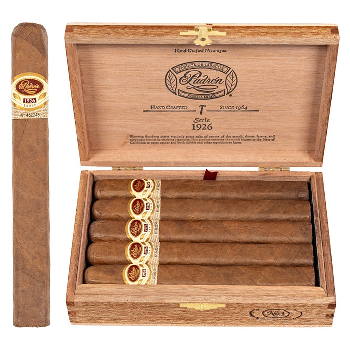 Padron 1926 Series No. 1 Natural cigar, 6.75 × 54, with Nicaraguan natural wrapper, beside its open box of 24
