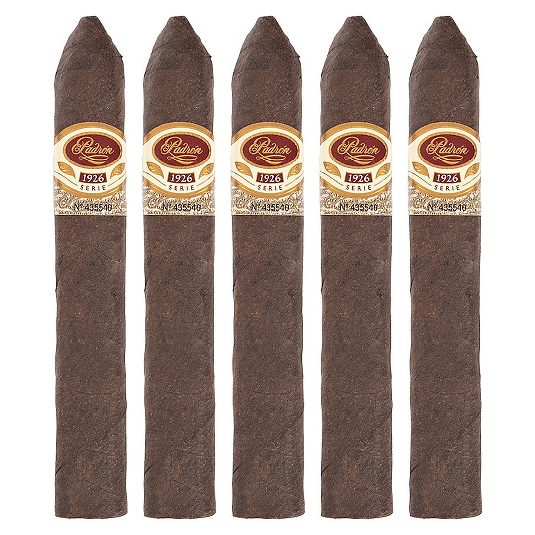 Five Padron 1926 Series No. 2 Maduro cigars, 5.5 × 52, lined up side by side