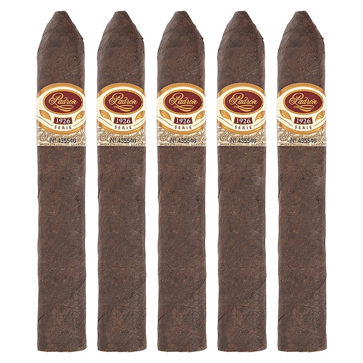 Five Padron 1926 Series No. 2 Maduro cigars, 5.5 × 52, lined up side by side