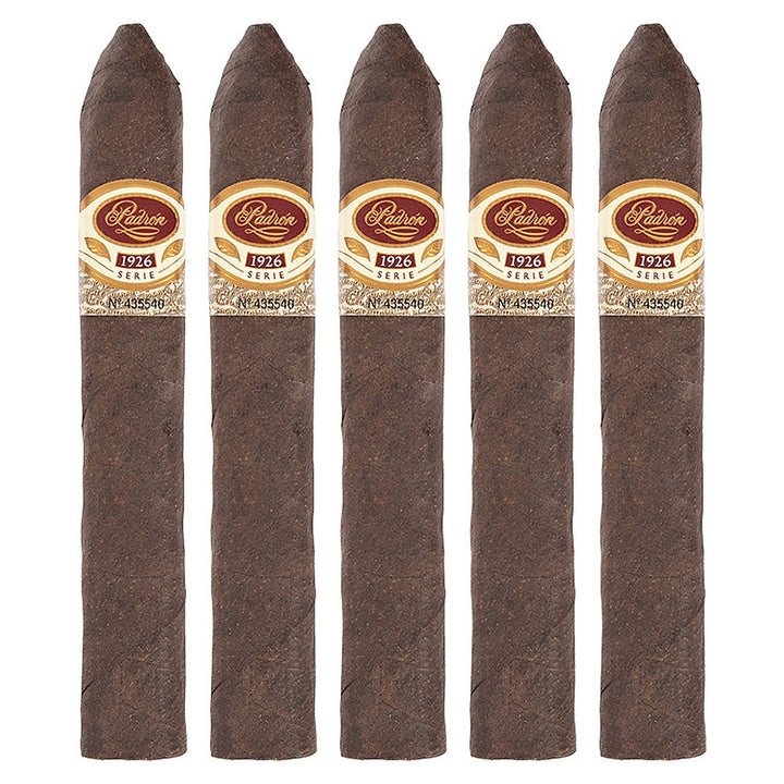 Five Padron 1926 Series No. 2 Maduro cigars, 5.5 × 52, lined up side by side