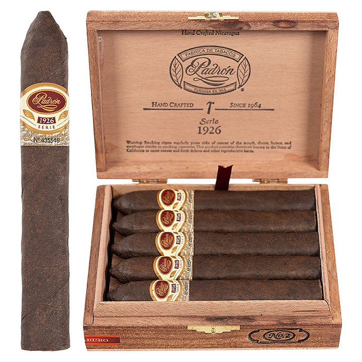 Padron 1926 Series No. 2 Maduro cigar, 5.5 × 52, with Nicaraguan maduro wrapper, beside its open box of 24