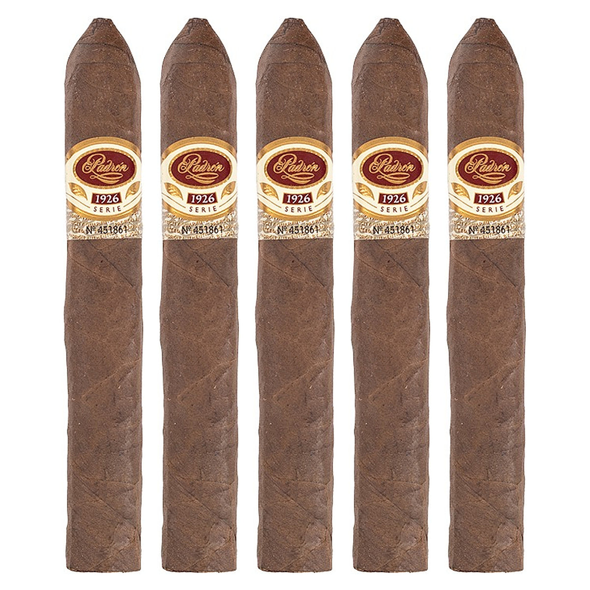 Five Padron 1926 Series No. 2 Natural cigars, 5.5 × 52, lined up side by side