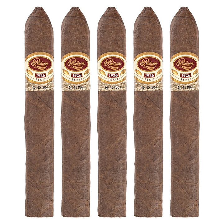 Five Padron 1926 Series No. 2 Natural cigars, 5.5 × 52, lined up side by side