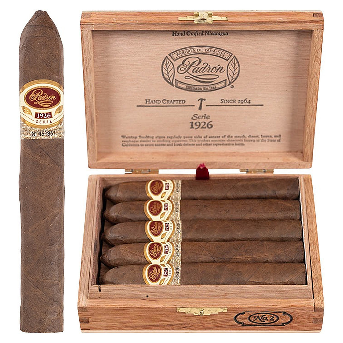Padron 1926 Series No. 2 Natural cigar, 5.5 × 52, with Nicaraguan natural wrapper, beside its open box of 24