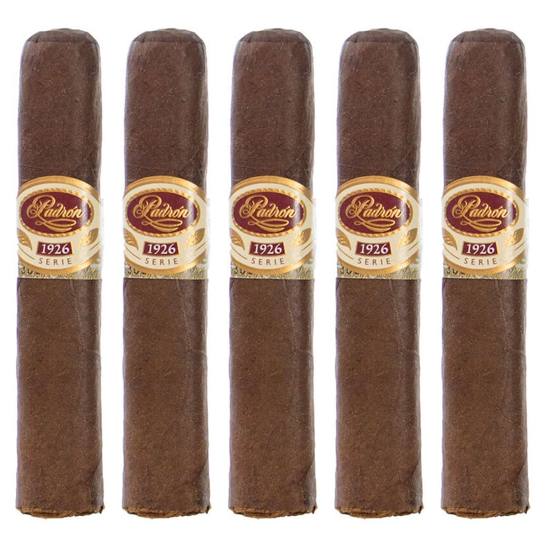 Five Padron 1926 Series No. 35 Maduro cigars, 4 × 48, lined up side by side