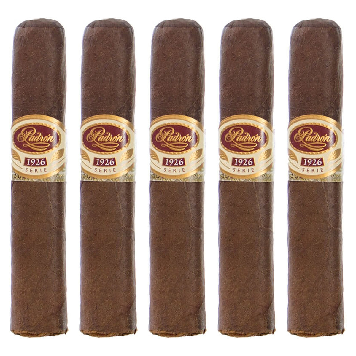 Five Padron 1926 Series No. 35 Maduro cigars, 4 × 48, lined up side by side