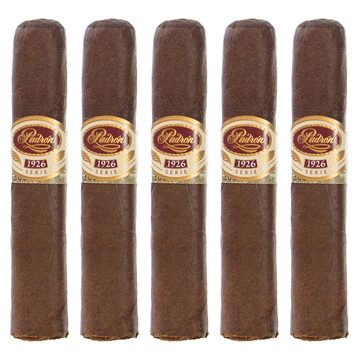 Five Padron 1926 Series No. 35 Maduro cigars, 4 × 48, lined up side by side