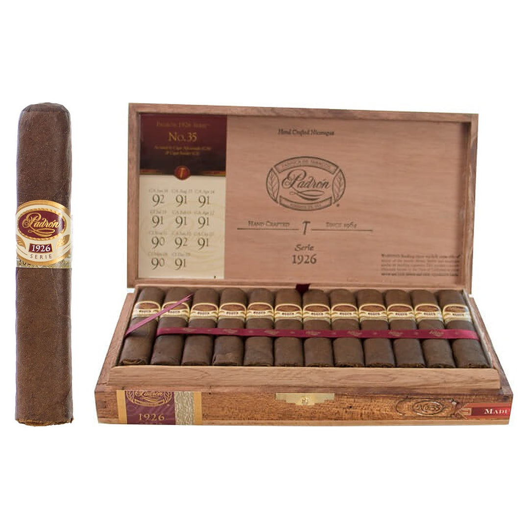 Padron 1926 Series No. 35 Maduro cigar, 4 × 48, with Nicaraguan maduro wrapper, beside its open box of 24