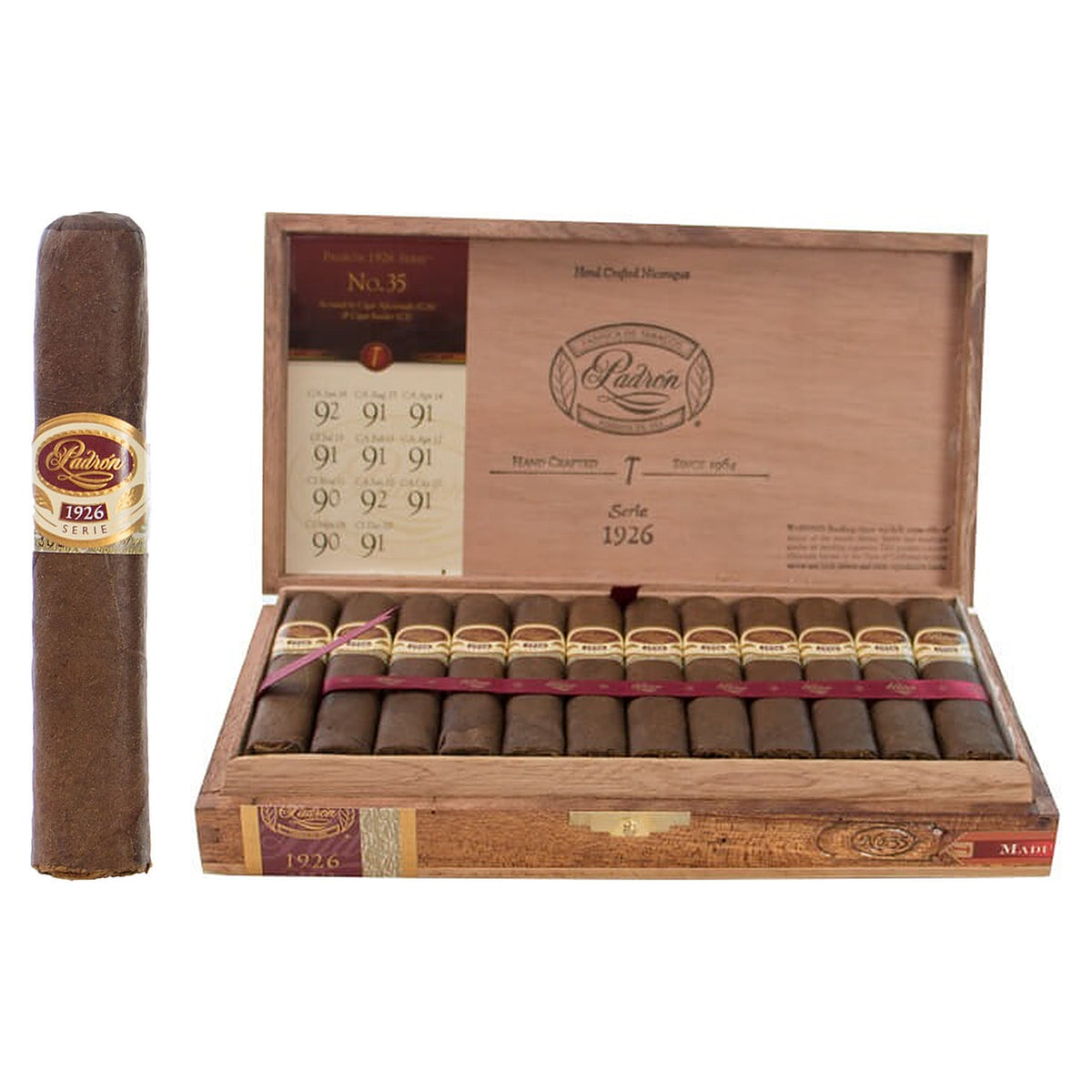 Padron 1926 Series No. 35 Maduro cigar, 4 × 48, with Nicaraguan maduro wrapper, beside its open box of 24