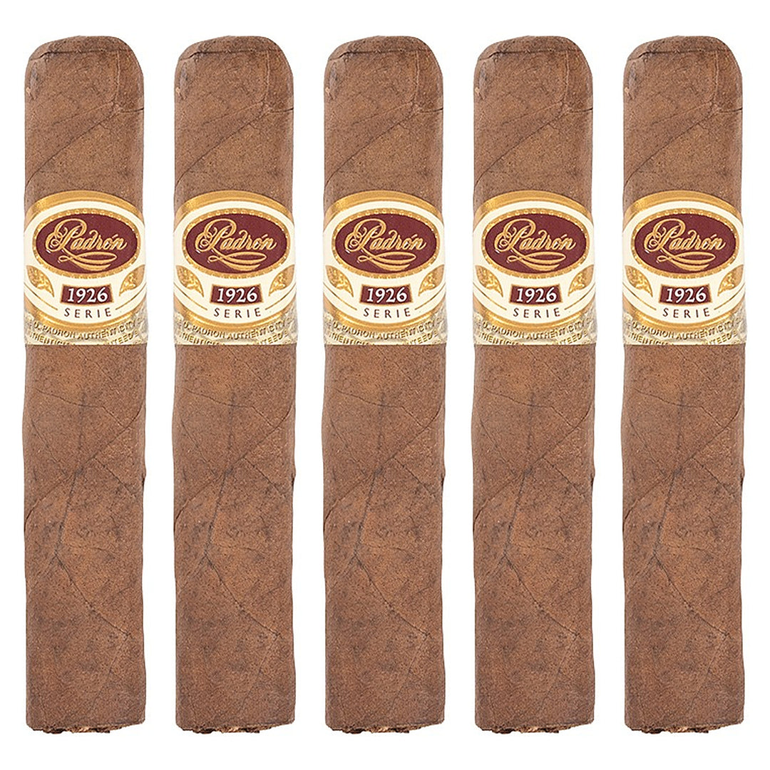 Five Padron 1926 Series No. 35 Natural cigars, 4 × 48, lined up side by side