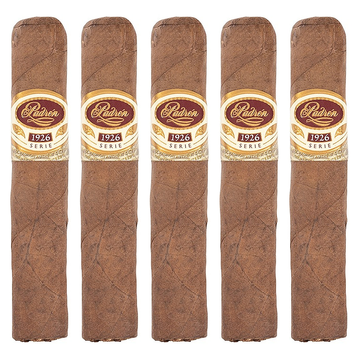 Five Padron 1926 Series No. 35 Natural cigars, 4 × 48, lined up side by side