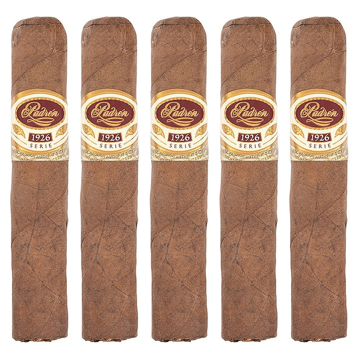 Five Padron 1926 Series No. 35 Natural cigars, 4 × 48, lined up side by side