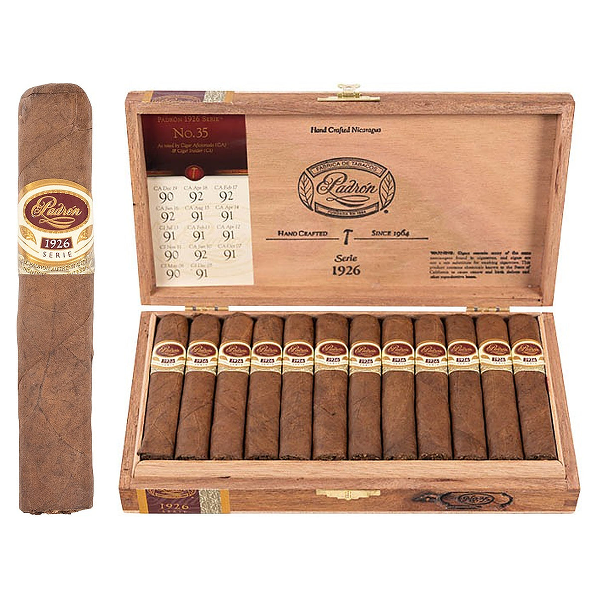 Padron 1926 Series No. 35 Natural cigar, 4 × 48, with Nicaraguan natural wrapper, beside its open box of 24