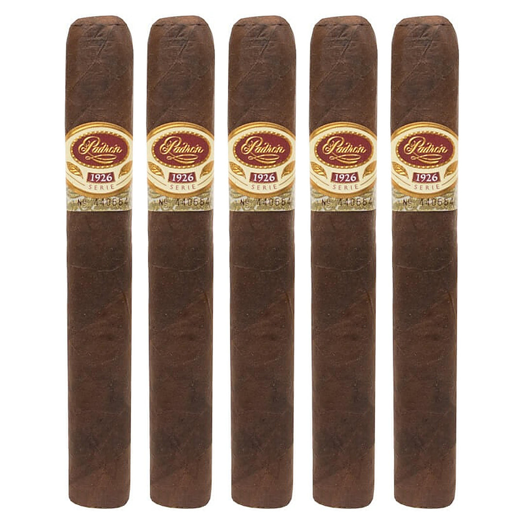 Five Padron 1926 Series No. 47 Maduro cigars, 5.5 × 50, lined up side by side