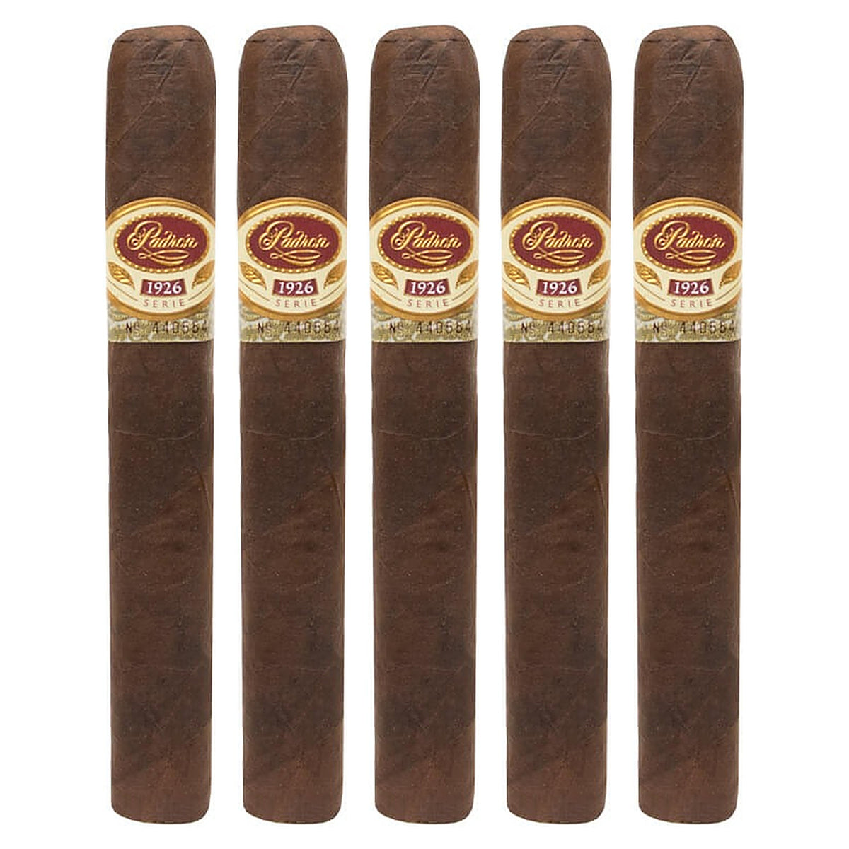 Five Padron 1926 Series No. 47 Maduro cigars, 5.5 × 50, lined up side by side