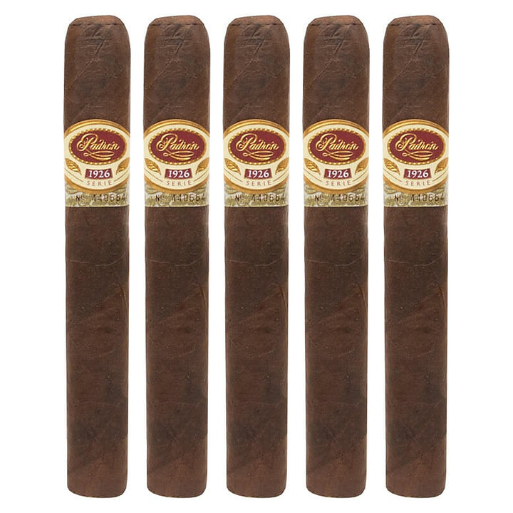 Five Padron 1926 Series No. 47 Maduro cigars, 5.5 × 50, lined up side by side