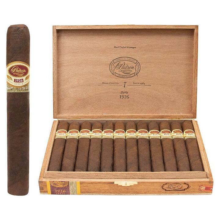 Padron 1926 Series No. 47 Maduro cigar, 5.5 × 50, with Nicaraguan maduro wrapper, beside its open box of 24