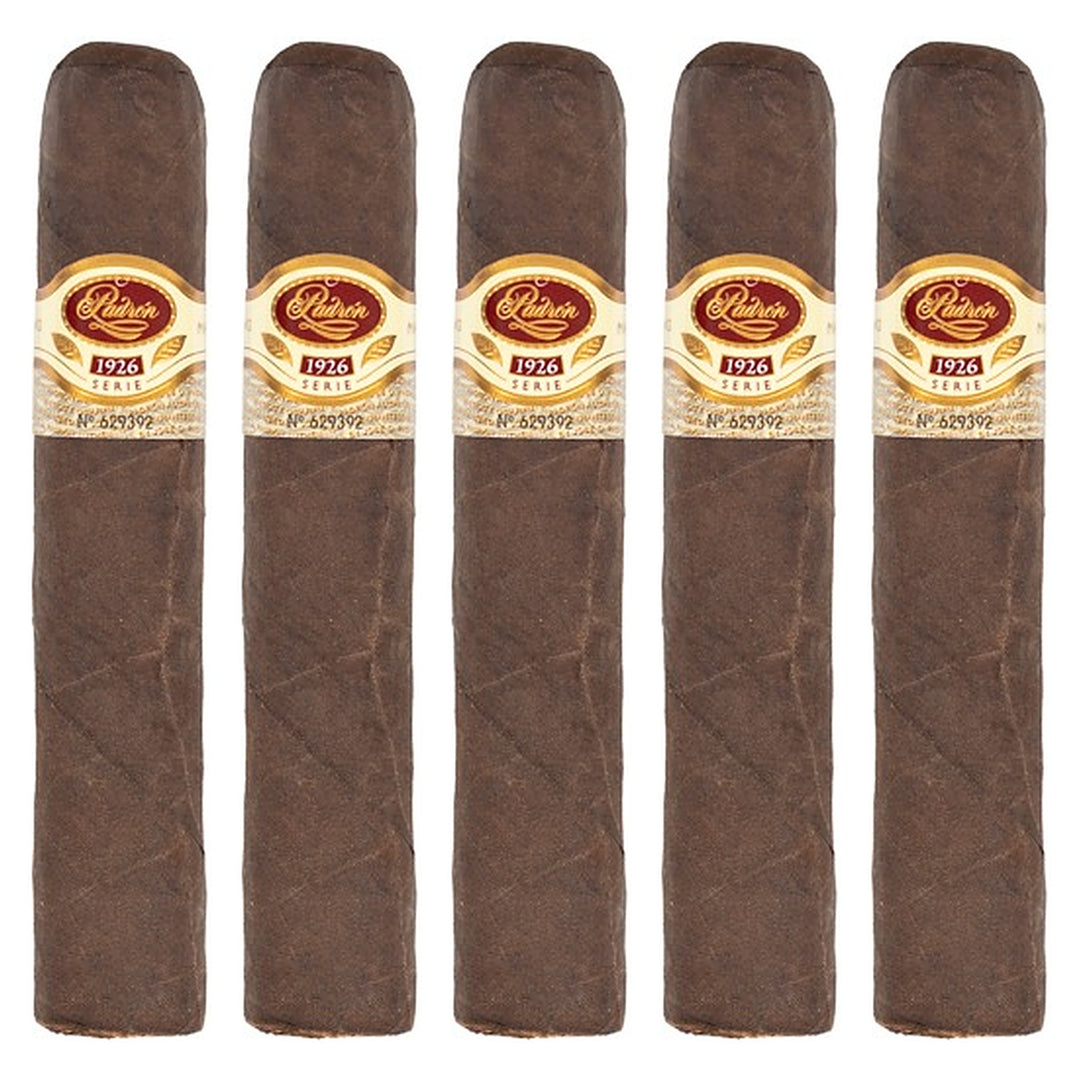 Five Padron 1926 Series No. 48 Maduro cigars, 5.5 × 60, lined up side by side