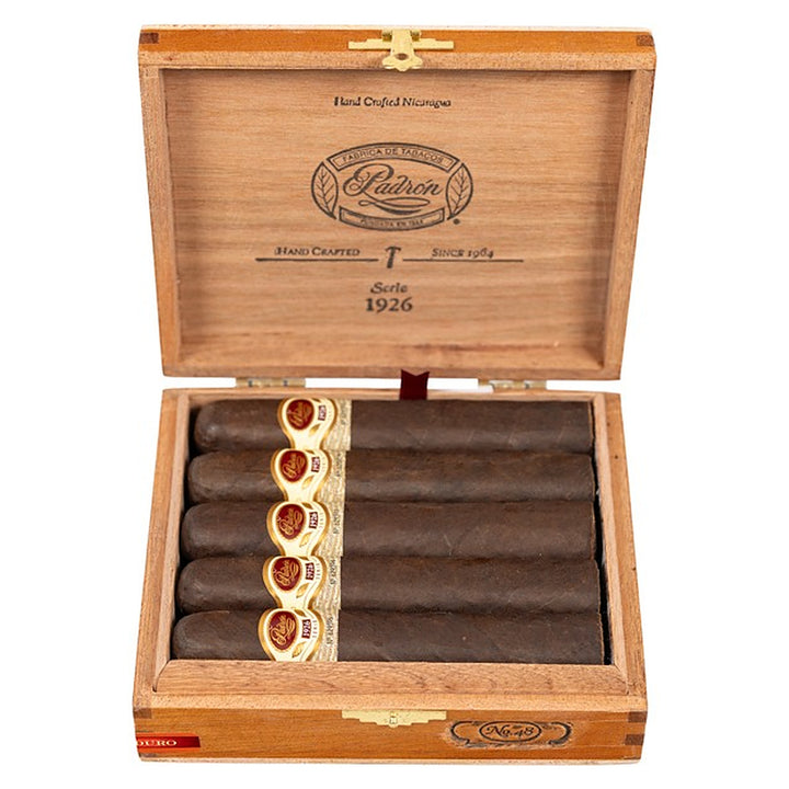 Open box of 10 Padron 1926 Series No. 48 Maduro cigars