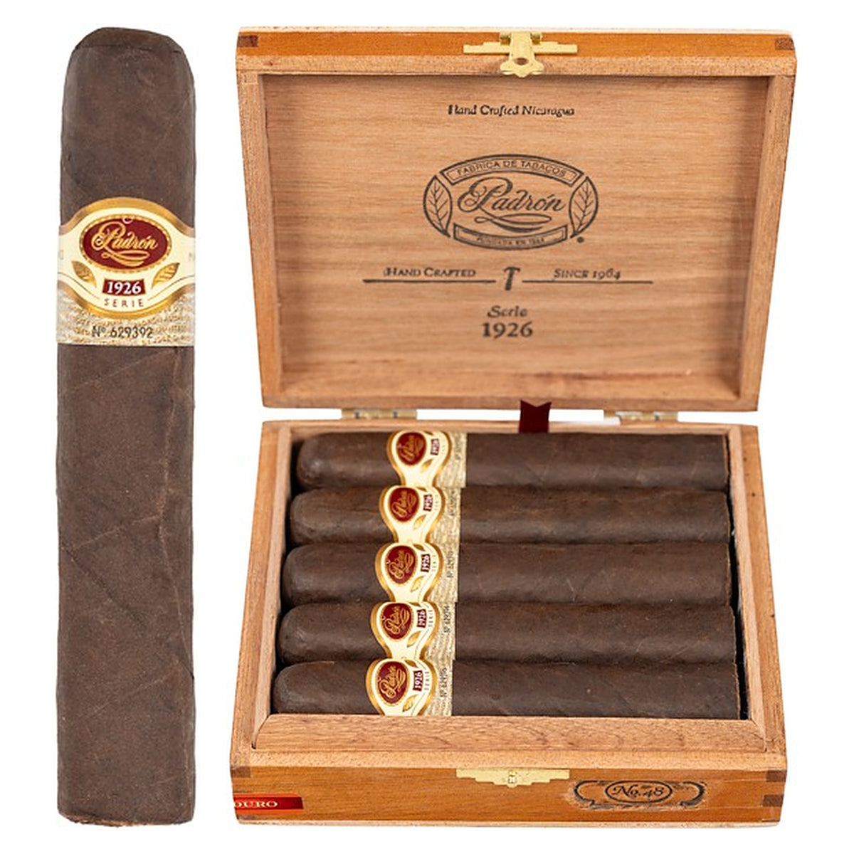 Padron 1926 Series No. 48 Maduro cigar, 5.5 × 60, with Nicaraguan maduro wrapper, beside its open box of 10