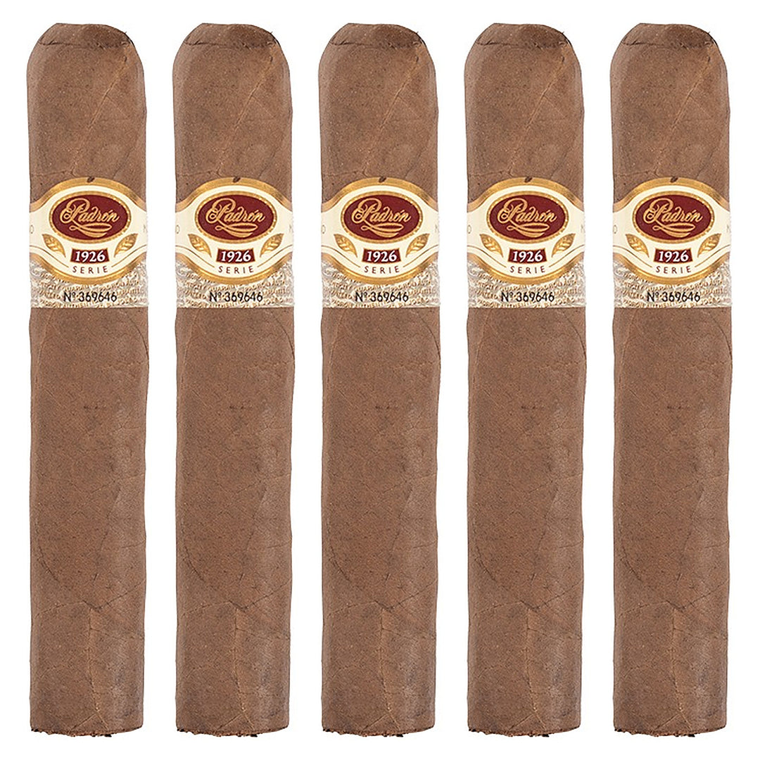 Five Padron 1926 Series No. 48 Natural cigars, 5.5 × 60, lined up side by side