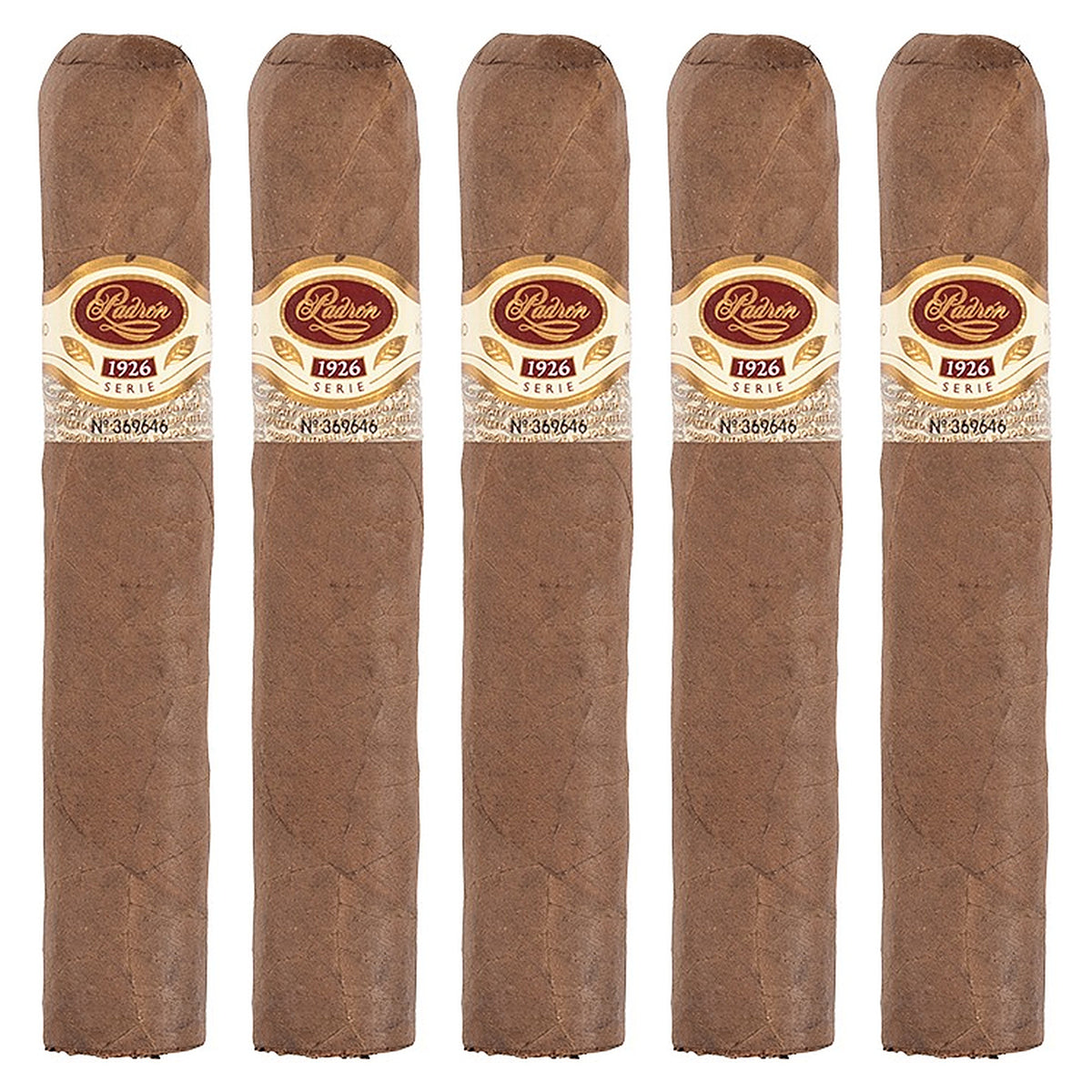 Five Padron 1926 Series No. 48 Natural cigars, 5.5 × 60, lined up side by side