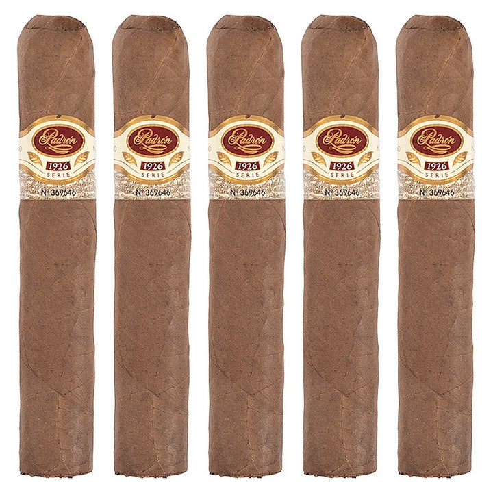 Five Padron 1926 Series No. 48 Natural cigars, 5.5 × 60, lined up side by side