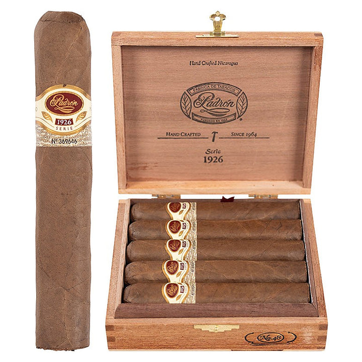 Padron 1926 Series No. 48 Natural cigar, 5.5 × 60, with Nicaraguan natural wrapper, beside its open box of 10