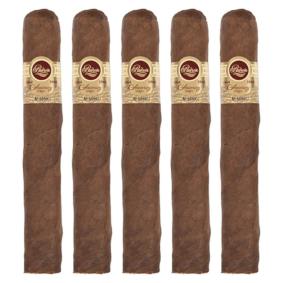Five Padron 1964 Anniversary Series No. 4 Maduro cigars, 6.5 × 60, lined up side by side