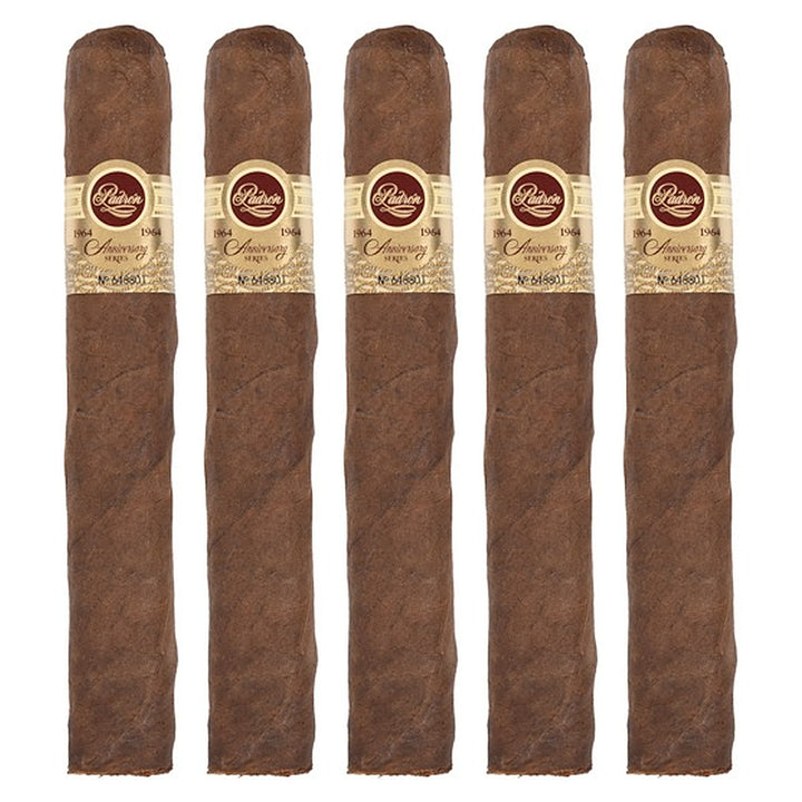Five Padron 1964 Anniversary Series No. 4 Maduro cigars, 6.5 × 60, lined up side by side