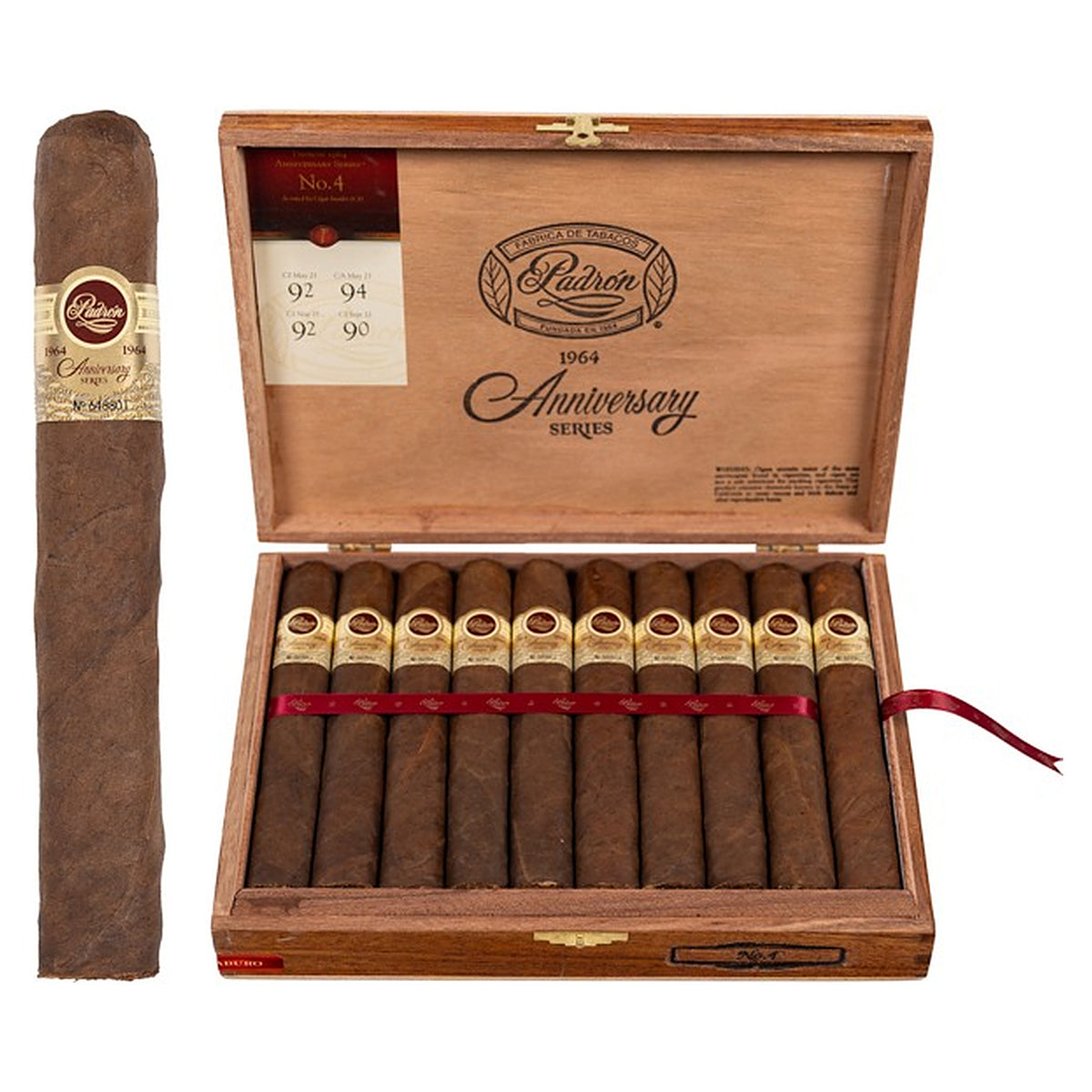 Padron 1964 Anniversary Series No. 4 Maduro cigar, 6.5 × 60, with Nicaraguan maduro wrapper, beside its open box of 20