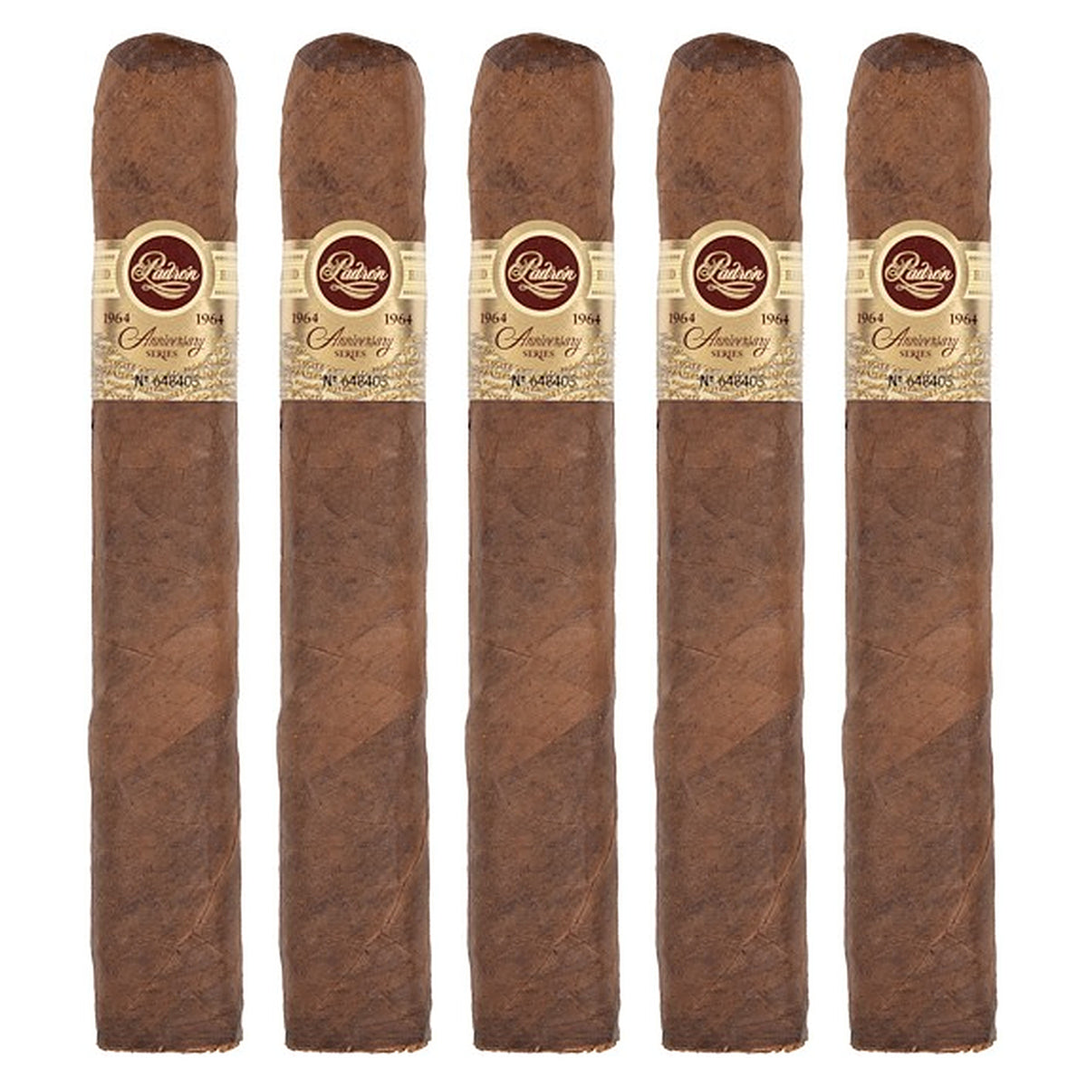 Five Padron 1964 Anniversary Series No. 4 Natural cigars, 6.5 × 60, lined up side by side