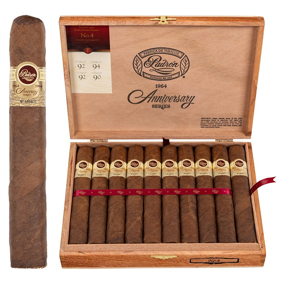Padron 1964 Anniversary Series No. 4 Natural cigar, 6.5 × 60, with Nicaraguan natural wrapper, beside its open box of 20