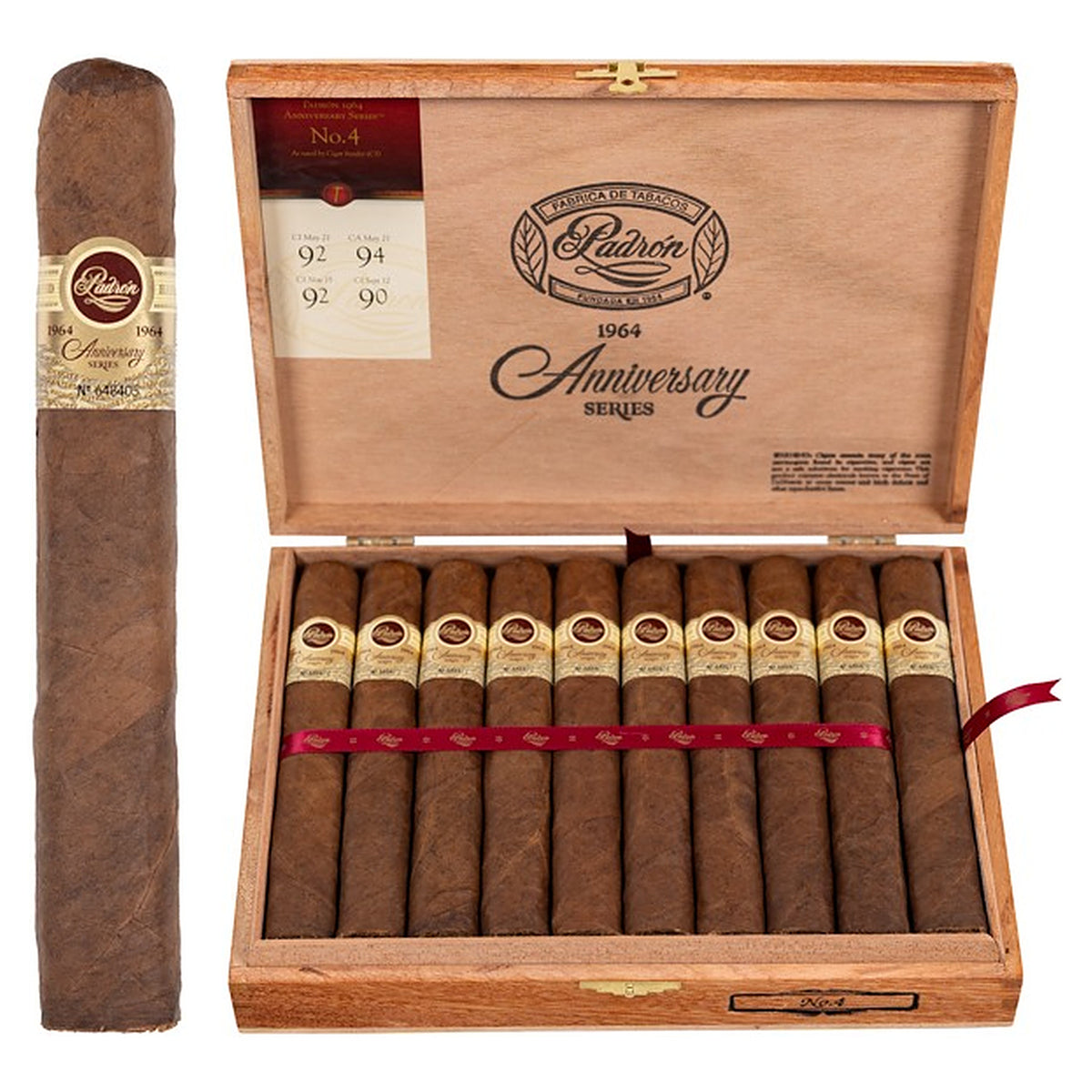 Padron 1964 Anniversary Series No. 4 Natural cigar, 6.5 × 60, with Nicaraguan natural wrapper, beside its open box of 20