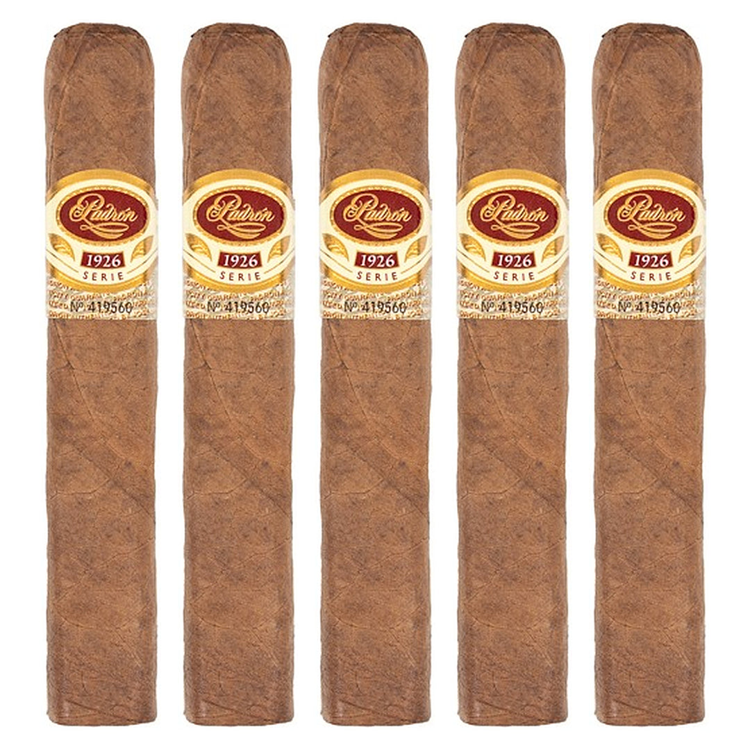 Five Padron 1926 Series No. 6 Natural cigars, 4.75 × 50, lined up side by side