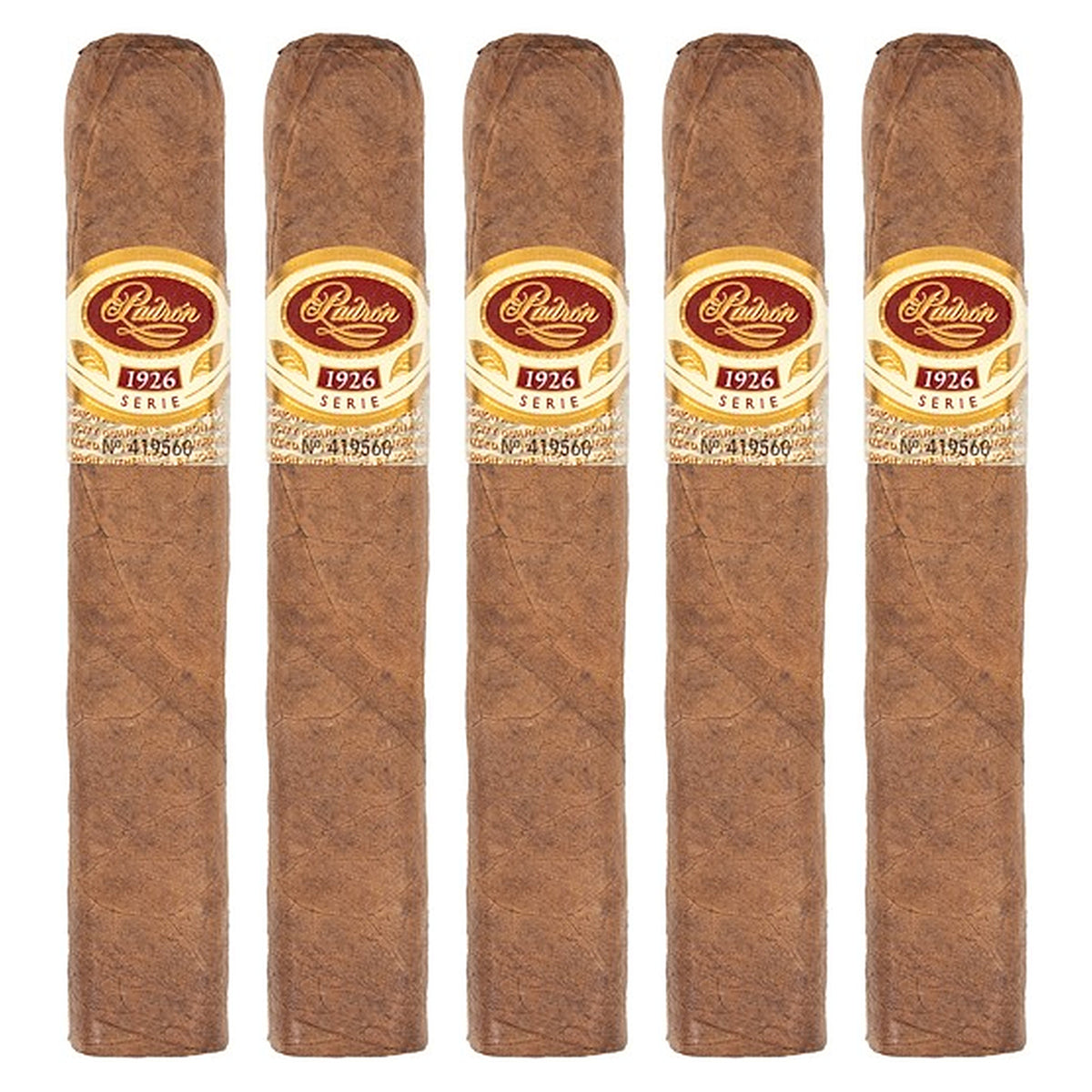 Five Padron 1926 Series No. 6 Natural cigars, 4.75 × 50, lined up side by side