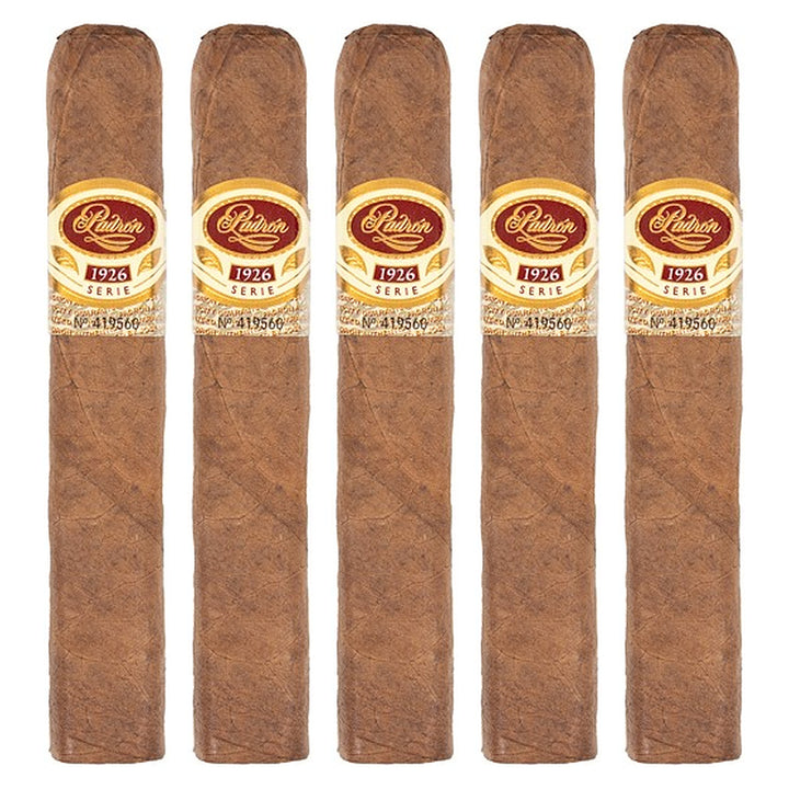 Five Padron 1926 Series No. 6 Natural cigars, 4.75 × 50, lined up side by side