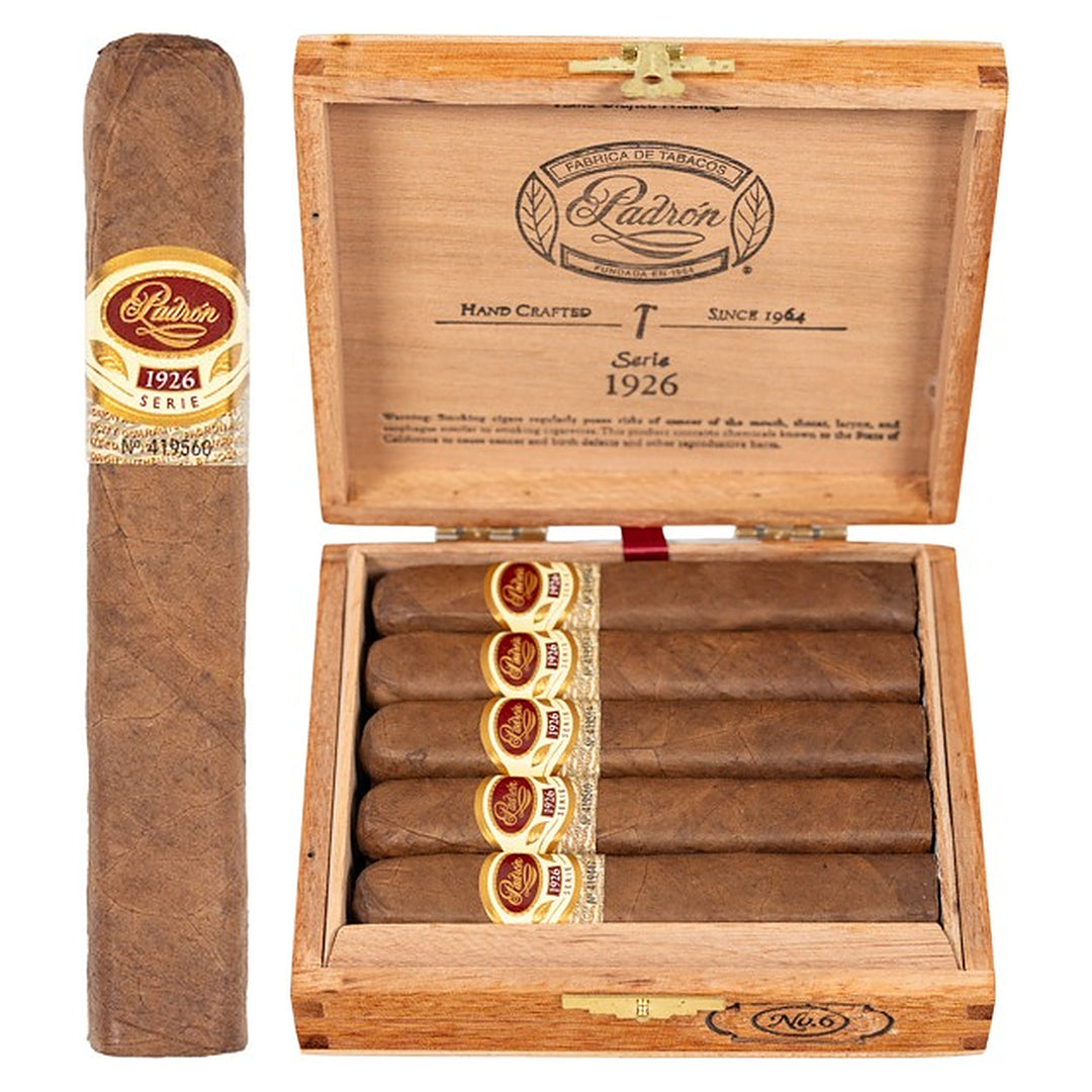 Padron 1926 Series No. 6 Natural cigar, 4.75 × 50, with Nicaraguan natural wrapper, beside its open box of 24