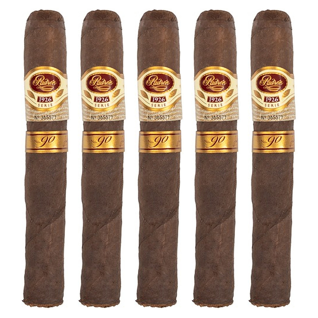 Five Padron 1926 Series No. 90 Tubos Maduro cigars, 5.5 × 52, lined up side by side