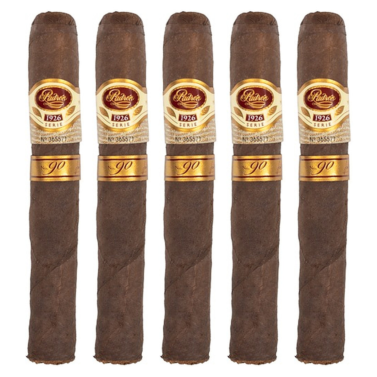Five Padron 1926 Series No. 90 Tubos Maduro cigars, 5.5 × 52, lined up side by side