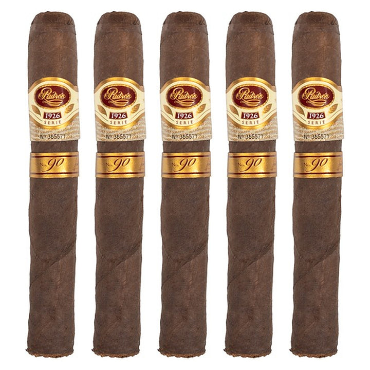 Five Padron 1926 Series No. 90 Tubos Maduro cigars, 5.5 × 52, lined up side by side