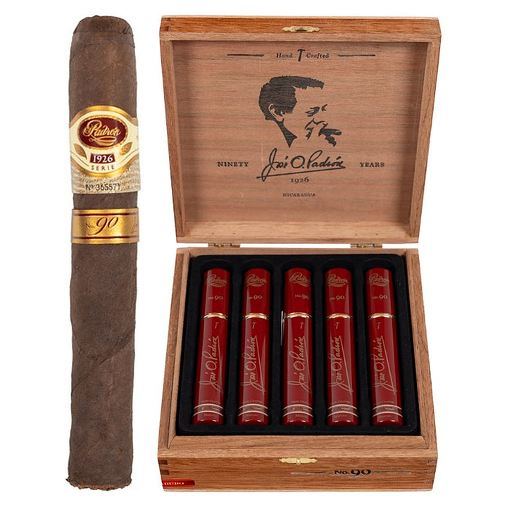 Padron 1926 Series No. 90 Tubos Maduro cigar, 5.5 × 52, with Nicaraguan maduro wrapper, beside its open box of 10